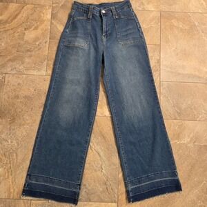 High Waisted Wide Leg Jeans Medium Wash Raw Hem Patch Pocket Denim Pants